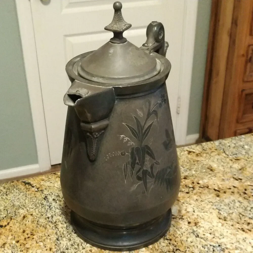 Meridian B Co Silver Plate Devil Pitcher Ceramic Liner 1868 Victorian 13.5